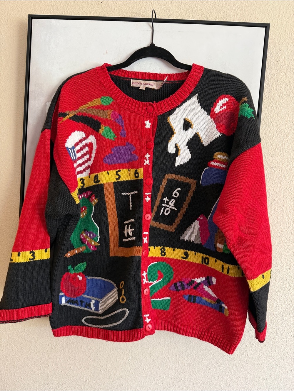 Vintage Lauren Hansen back-to-school teacher novelty cardigan sweater